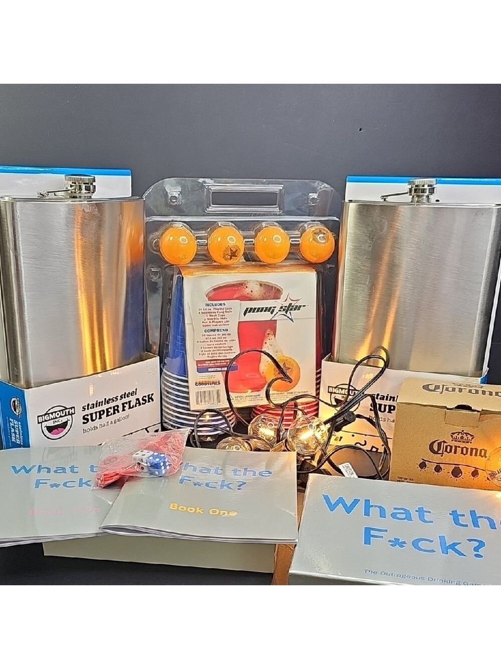 Drinking Party Pack 2 Giant Flasks, Beer Pong, Corona String Lights, Game